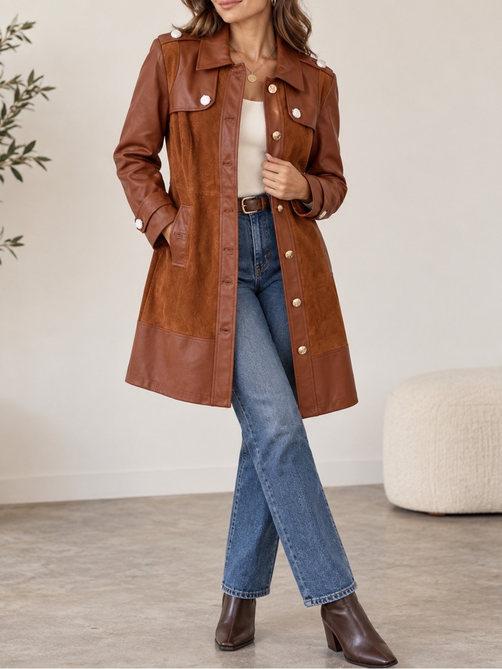 NWT IMAN Genuine Leather Suede Cognac Trench Coat Jacket Large